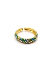 Bague en acier inoxydable doré avec motifs émaillés bleu et vert et cristaux scintillants