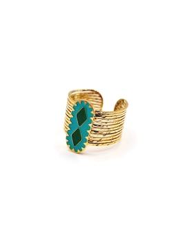 Bague ethnique en acier doré avec motifs émaillés vert et turquoise