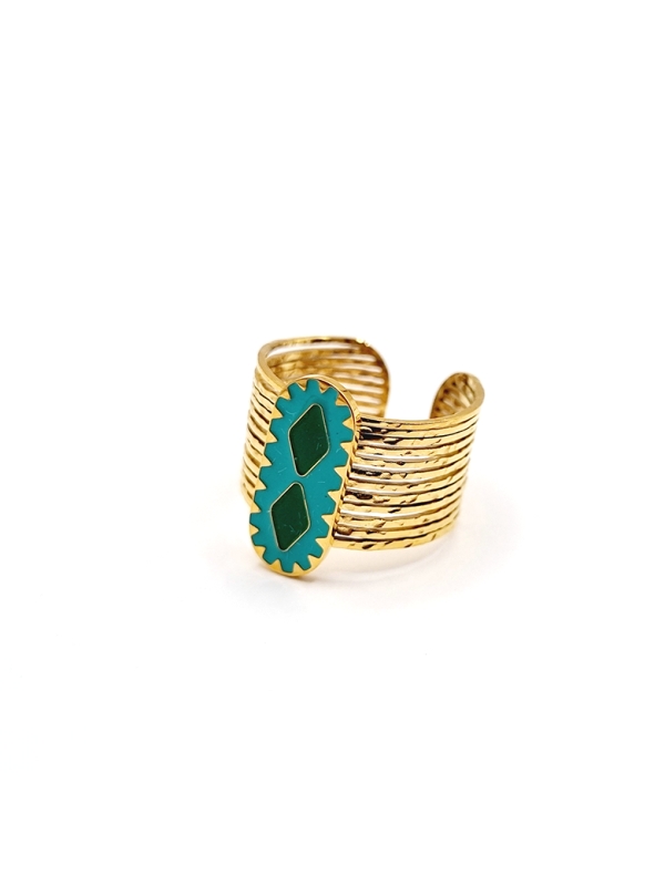 Bague ethnique en acier doré avec motifs émaillés vert et turquoise