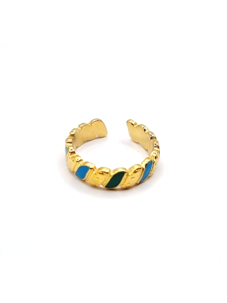 Bague en acier doré martelé avec détails émaillés bleu et vert