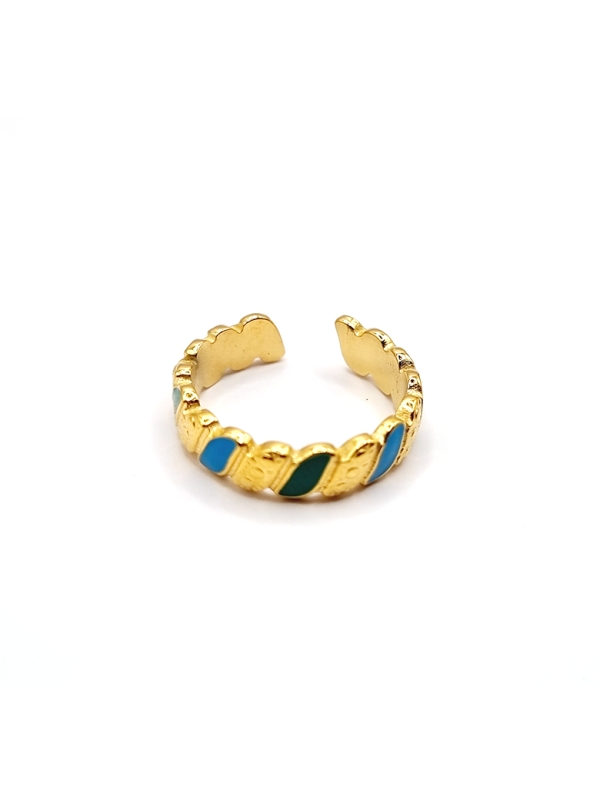 Bague en acier doré martelé avec détails émaillés bleu et vert