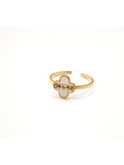 Bague trèfle en acier inoxydable doré et nacre scintillante