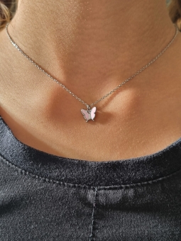Collier enfant en acier inoxydable avec pendentif papillon rose