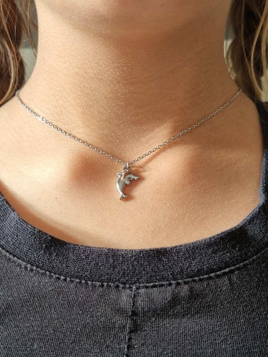 Collier enfant en acier inoxydable argenté avec pendentif dauphin