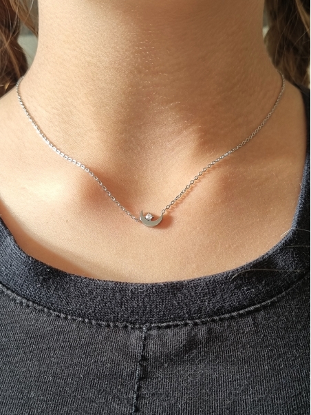Collier enfant en acier inoxydable argenté avec pendentif lune scintillante