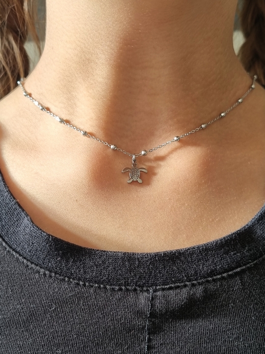 Collier enfant en acier inoxydable argenté avec pendentif tortue