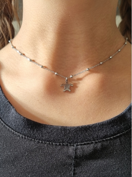 Collier enfant en acier inoxydable argenté avec pendentif tortue