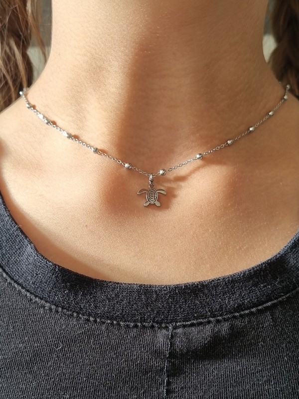 Collier enfant en acier inoxydable argenté avec pendentif tortue