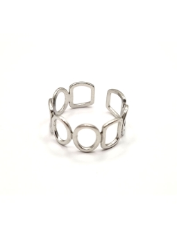 Bague en Acier Inoxydable Argenté Design Cercles et Carrés Ajourés