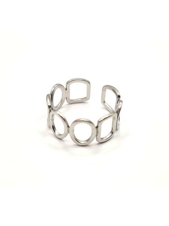 Bague en Acier Inoxydable Argenté Design Cercles et Carrés Ajourés