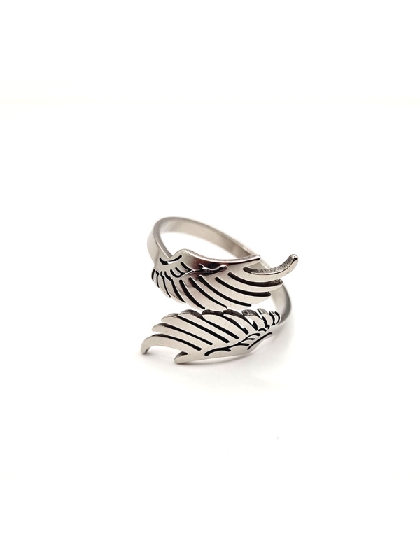 Bague en Acier Inoxydable Argenté Design Plume Élégante
