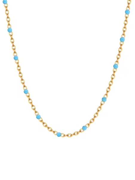 Collier Doré en Acier Inoxydable avec Perles Turquoises