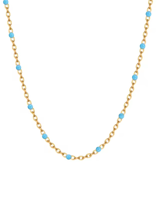 Collier Doré en Acier Inoxydable avec Perles Turquoises
