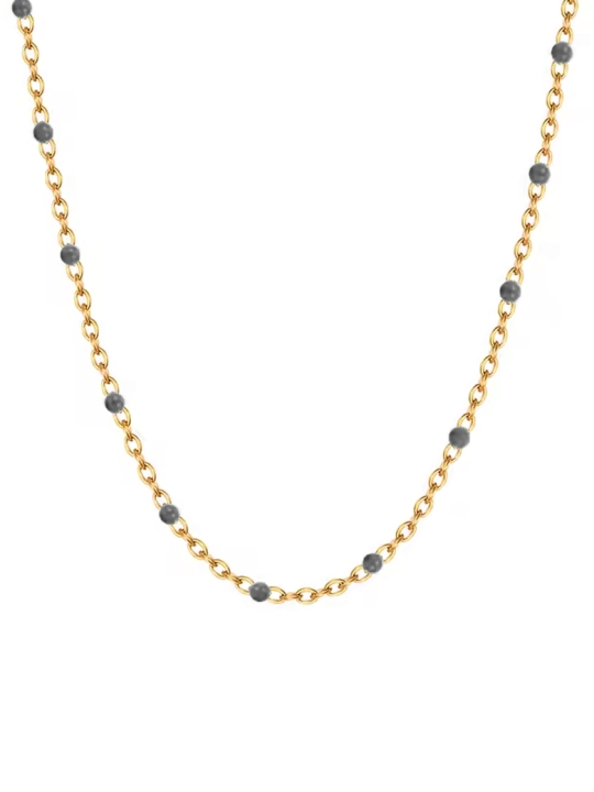 Collier Doré en Acier Inoxydable avec Perles Noires