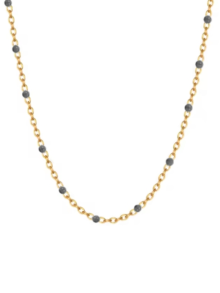 Collier Doré en Acier Inoxydable avec Perles Noires