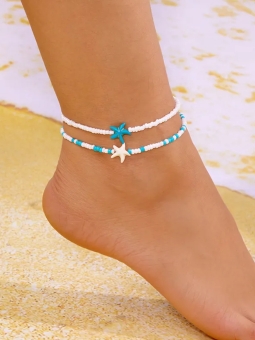 Chaîne de Cheville Double Perles et Étoiles de Mer – Style Plage Bohème