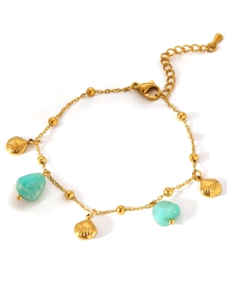 Bracelet en acier inoxydable doré – Perles turquoise et coquillages marins