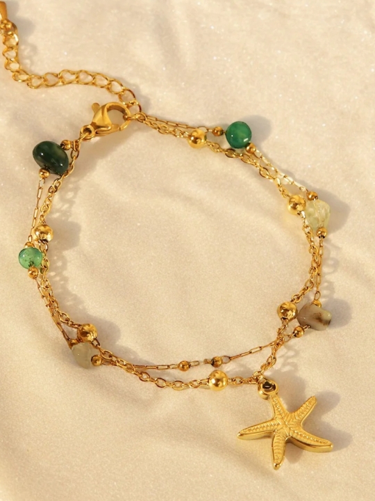 Bracelet en acier inoxydable doré – Étoile de mer et pierres naturelles