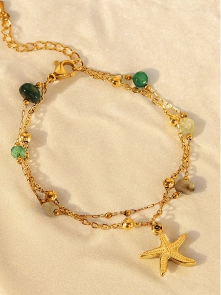 Bracelet en acier inoxydable doré – Étoile de mer et pierres naturelles
