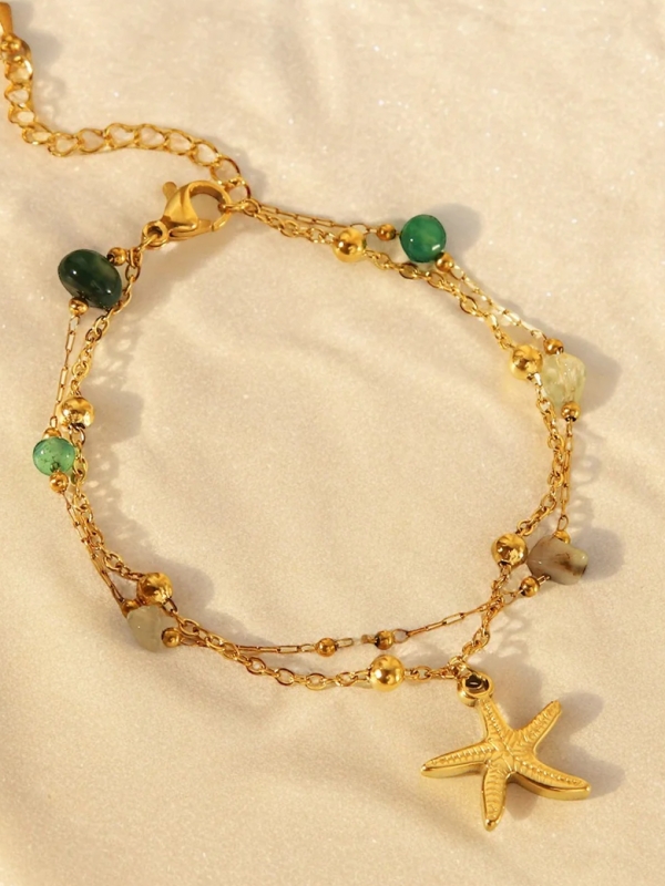 Bracelet en acier inoxydable doré – Étoile de mer et pierres naturelles