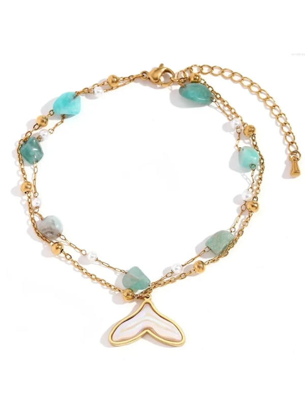 Bracelet en acier inoxydable doré – Queue de sirène, pierres naturelles et perles