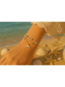Bracelet en acier inoxydable doré – Queue de sirène, pierres naturelles et perles