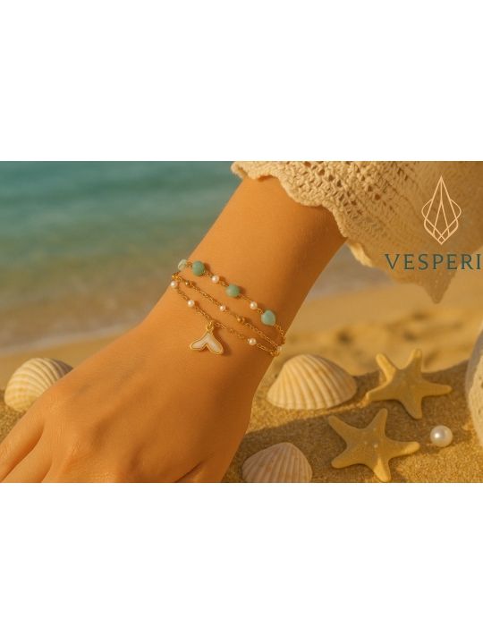 Bracelet en acier inoxydable doré – Queue de sirène, pierres naturelles et perles