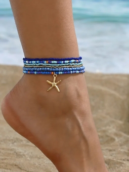 Chaîne de cheville perles bleues – Étoile de mer dorée