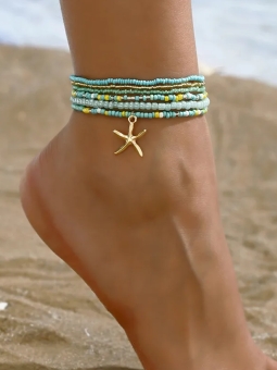 Chaîne de cheville perles turquoise et jaunes – Étoile de mer dorée