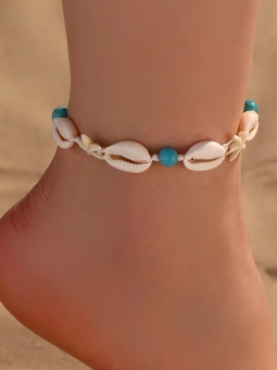 Chaîne de cheville coquillages naturels et perles turquoise – Style surf & plage