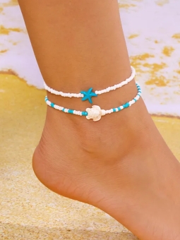 Duo de chaînes de cheville perles blanches – Étoile de mer & tortue