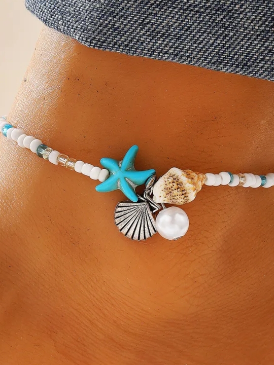 copy ofChaîne de cheville argentée – Étoile de mer & perles turquoise