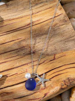 Collier argenté étoile de mer & goutte bleue marine