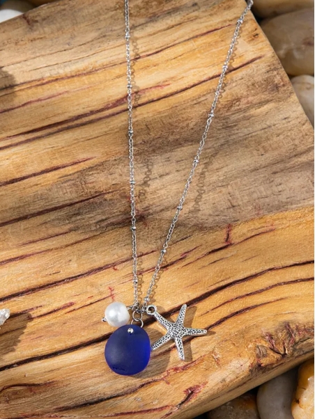 Collier argenté étoile de mer & goutte bleue marine