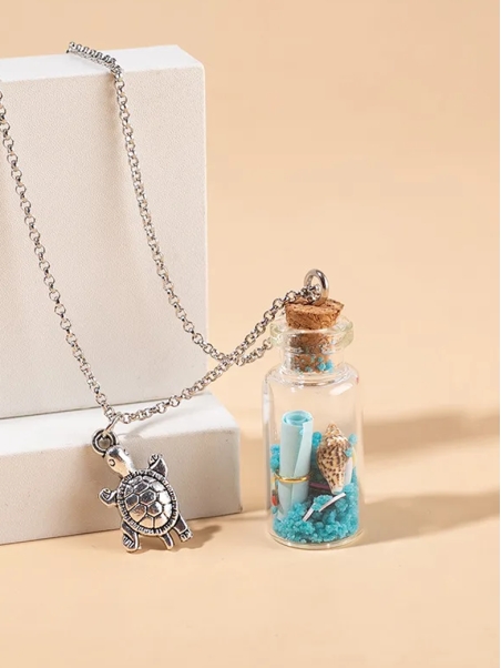 Collier bouteille à message & pendentif tortue argentée