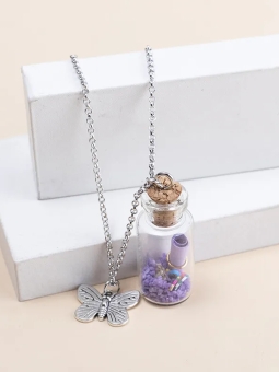 Collier bouteille à message & pendentif papillon argenté