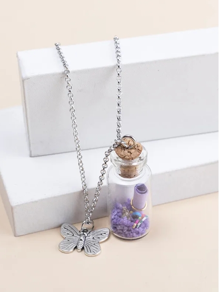 Collier bouteille à message & pendentif papillon argenté