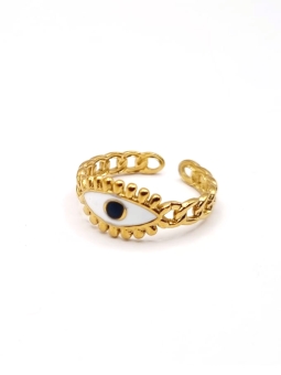 Bague dorée œil protecteur en acier inoxydable – Chaîne stylisée et émail blanc
