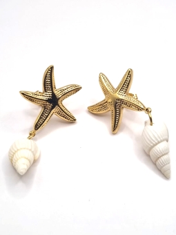 Boucles d’Oreilles Étoile de Mer Dorée & Coquillage Naturel – Esprit Bord de Mer