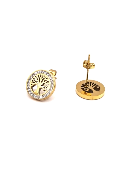 Boucles d’Oreilles Arbre de Vie Dorées – Acier Inoxydable & Strass Étincelants
