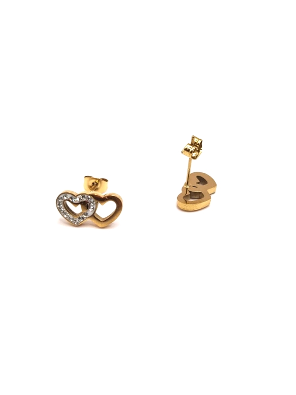 Boucles d’Oreilles Deux Cœurs Entrelacés Dorés – Acier Inoxydable & Zircon Étincelant