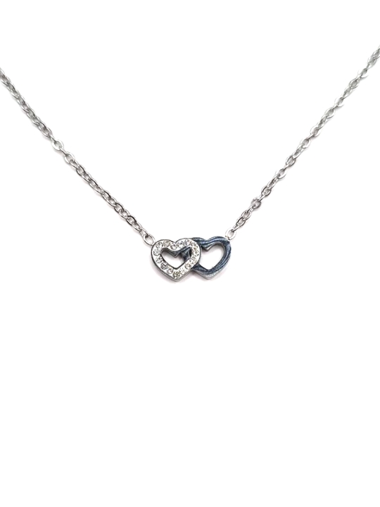 Collier Double Cœur Entrelacé Argenté – Symbole d’Amour Éternel