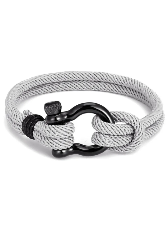 Bracelet Marin Corde Grise avec Fermoir Noir – Style Nautique 23 cm