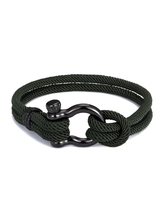 Bracelet Marin Corde Vert Foncé avec Fermoir Noir – Style Aventurier 23 cm