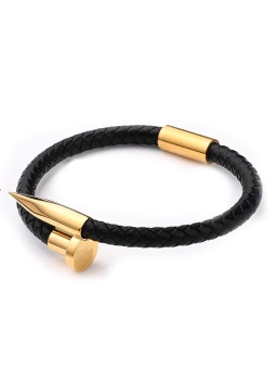 Bracelet Clou Doré et Cuir Tressé Noir – Look Audacieux & Élégant