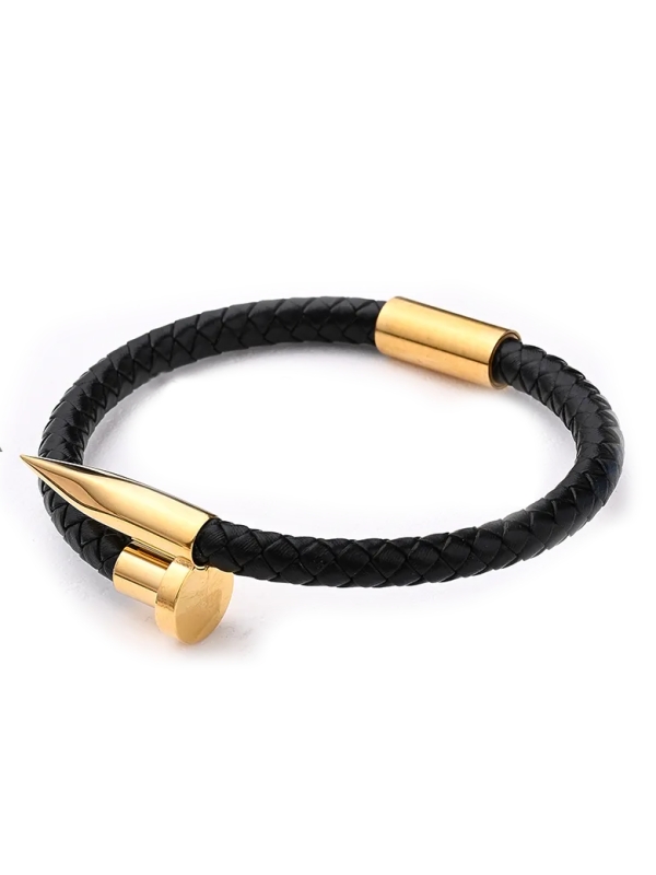 Bracelet Clou Doré et Cuir Tressé Noir – Look Audacieux & Élégant