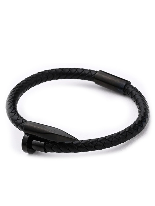Bracelet Clou Noir Mat et Cuir Tressé – Style Minimaliste et Puissant