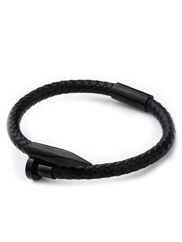 Bracelet Clou Noir Mat et Cuir Tressé – Style Minimaliste et Puissant