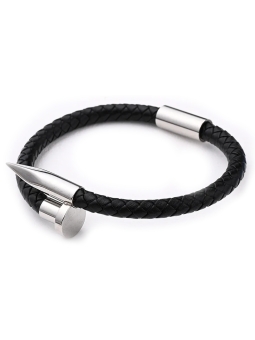 Bracelet Clou Acier Argenté & Cuir Noir – Élégance Moderne et Intemporelle