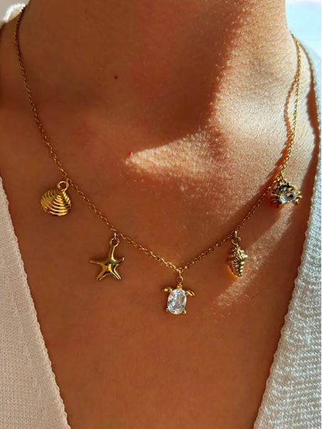 Collier Doré Tendance Breloques Mer et Tortue Cristal en Acier Inoxydable